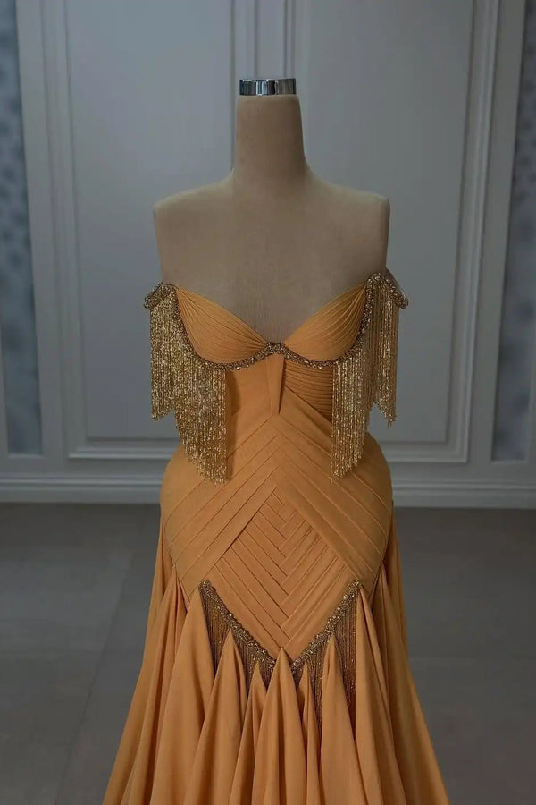 Chic Sweetheart Strapless Sleeveless Prom Dresses A-Line Beads With Pleats Tassel