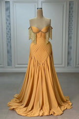 Chic Sweetheart Strapless Sleeveless Prom Dresses A-Line Beads With Pleats Tassel