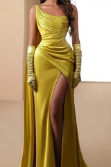 Chic Yellow One Shoulder Satin Mermaid Prom Dresses High Split With Gloves Pleats