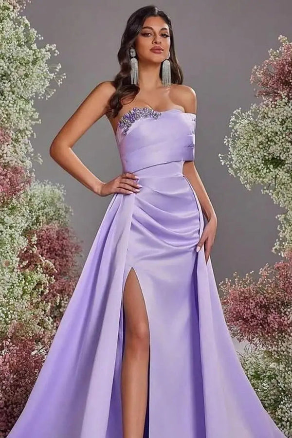 Beautiful Purple Strapless Sleeveless Satin Prom Dresses A-Line High Split With Gem