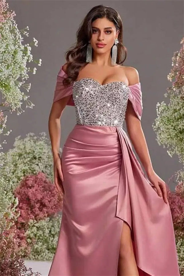 Chic Dusty Rose Sweetheart Off-The-Shoulder Satin Prom Dress Mermaid High Split With Ruffle Beads