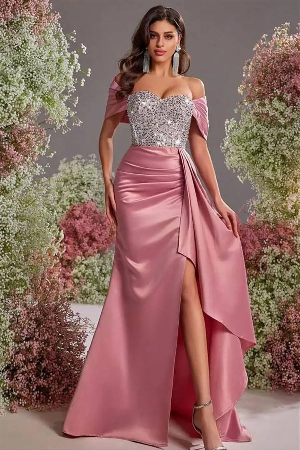 Chic Dusty Rose Sweetheart Off-The-Shoulder Satin Prom Dress Mermaid High Split With Ruffle Beads
