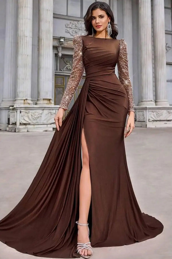 Luxury Chocolate Bateau Long Sleeves Satin Sequins Prom Dress Mermaid Side Split With Ruffle