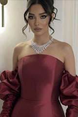Elegant Burgundy Strapless Satin Mermaid Prom Dress Column Detachable Sleeves With Zipper