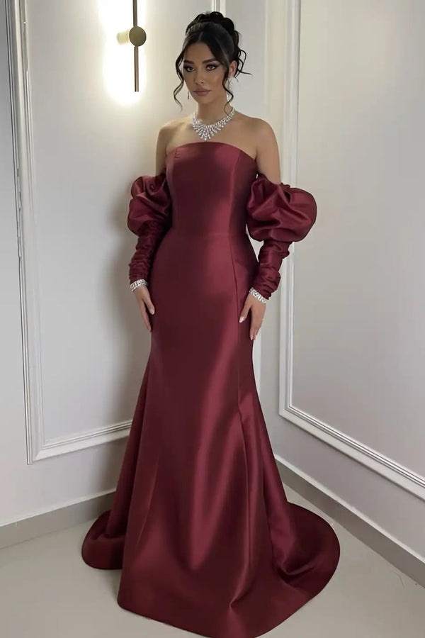 Elegant Burgundy Strapless Satin Mermaid Prom Dress Column Detachable Sleeves With Zipper