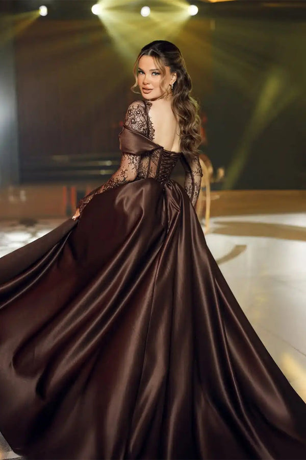 Elegant Chocolate Sweetheart Hi-Lo Satin Lace Prom Dress Long Sleeves With Lace-Up Back