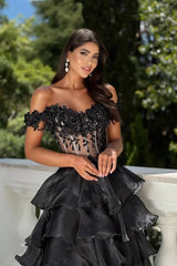 Dazzling Black Off-The-Shoulder A-Line Organza Prom Dress High Split Beads With Lace-Up Back