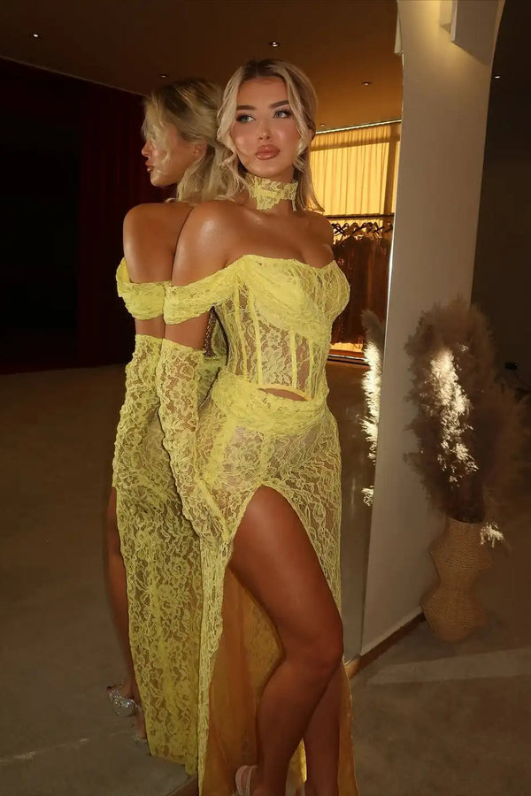 Charming Yellow One Shoulder Lace Mermaid Prom Dress Column High Split With Gloves