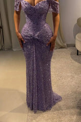 Beautiful Lilac V-Neck Off-The-Shoulder Sequins Prom Dress Mermaid Column With Beads
