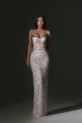 Dazzling Sweetheart Strapless Sleeveless Mermaid Prom Dress V-Neck Gem With Lace-Up Back