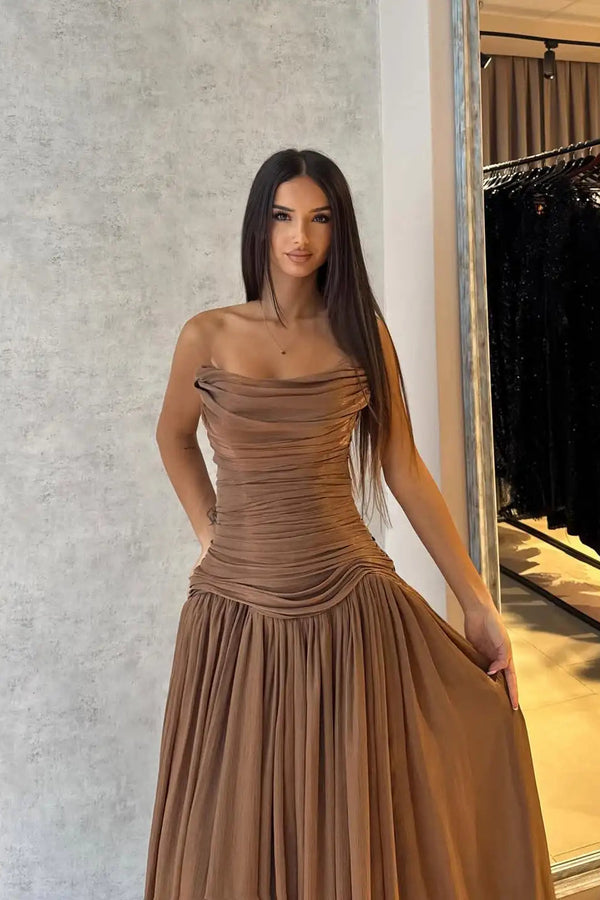 Flowing Coffee Strapless Sleeveless Chiffon Prom Dress A-Line Long With Pleats