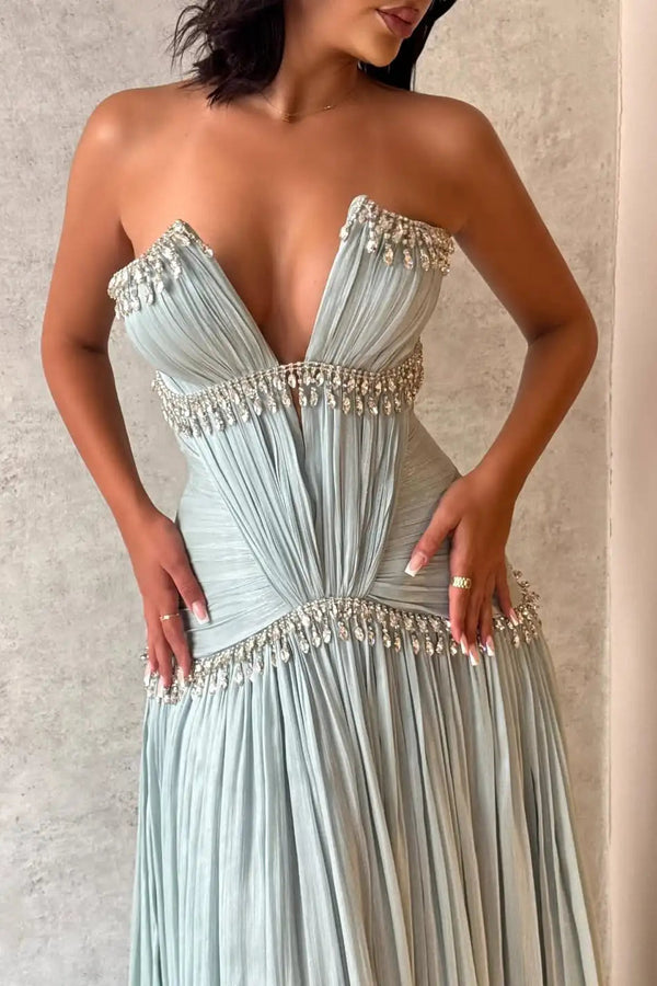 Sparkling V-Neck Strapless Sleeveless Prom Dress A-Line Gem With Pleats