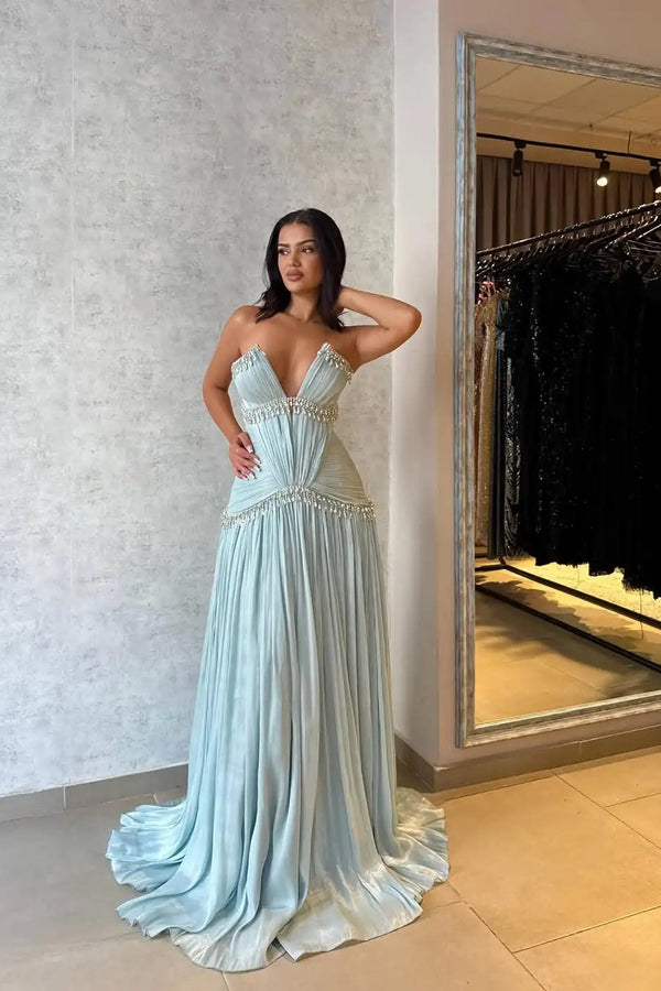 Sparkling V-Neck Strapless Sleeveless Prom Dress A-Line Gem With Pleats