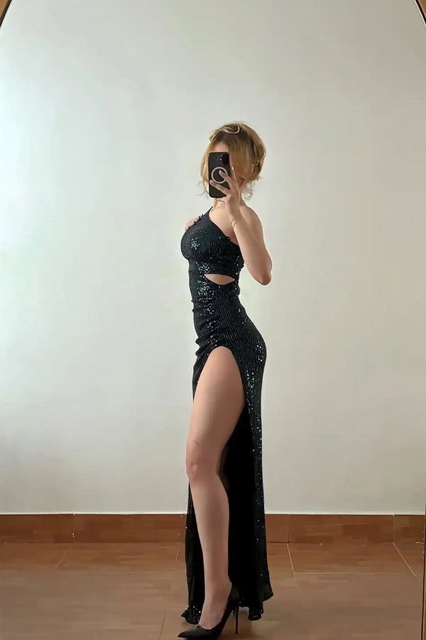 Charming Dark Green One Shoulder Sleeveless Mermaid Sequins Prom Dress Column With High Split