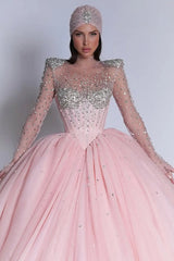 Luxury Pink High Collar Long Sleeves Prom Dresses Ball Gown Gem With Lace-Up Back