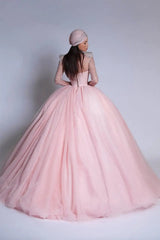 Luxury Pink High Collar Long Sleeves Prom Dresses Ball Gown Gem With Lace-Up Back