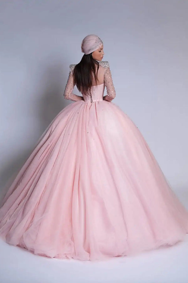 Luxury Pink High Collar Long Sleeves Prom Dresses Ball Gown Gem With Lace-Up Back
