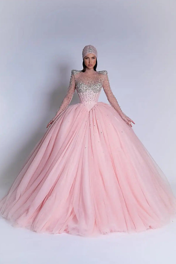 Luxury Pink High Collar Long Sleeves Prom Dresses Ball Gown Gem With Lace-Up Back