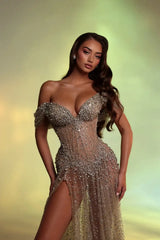 Shining Sweetheart Off-The-Shoulder V-Neck A-Line Prom Dress High Split Gem On Sale