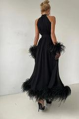 Charming Black Halter Chiffon Prom Dress A-Line Feather With Gloves Zipper