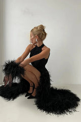 Charming Black Halter Chiffon Prom Dress A-Line Feather With Gloves Zipper