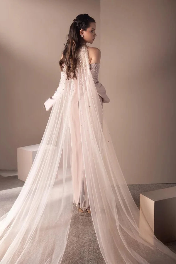 Luxury Halter Mermaid Satin Prom Dresses Detachable Sleeves With Beads Ruffle