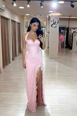 Beautiful Pink Sweetheart Halter Sleeveless Lace Prom Dress Mermaid With Side Split