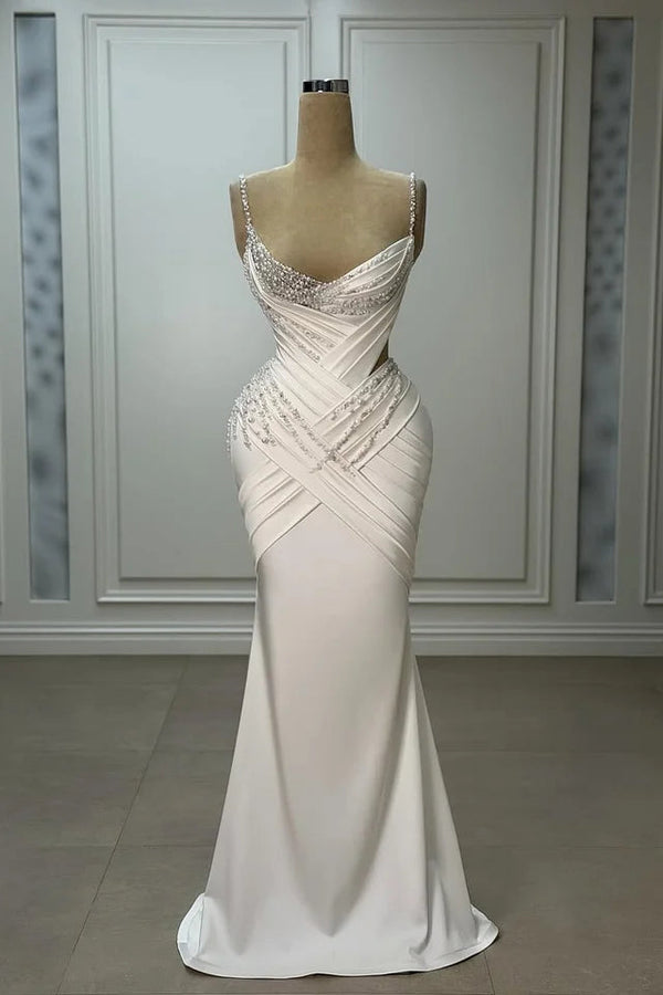 Dazzling Spaghetti-Straps Sleeveless V-Neck Satin Prom Dress Mermaid Sheath With Pearls