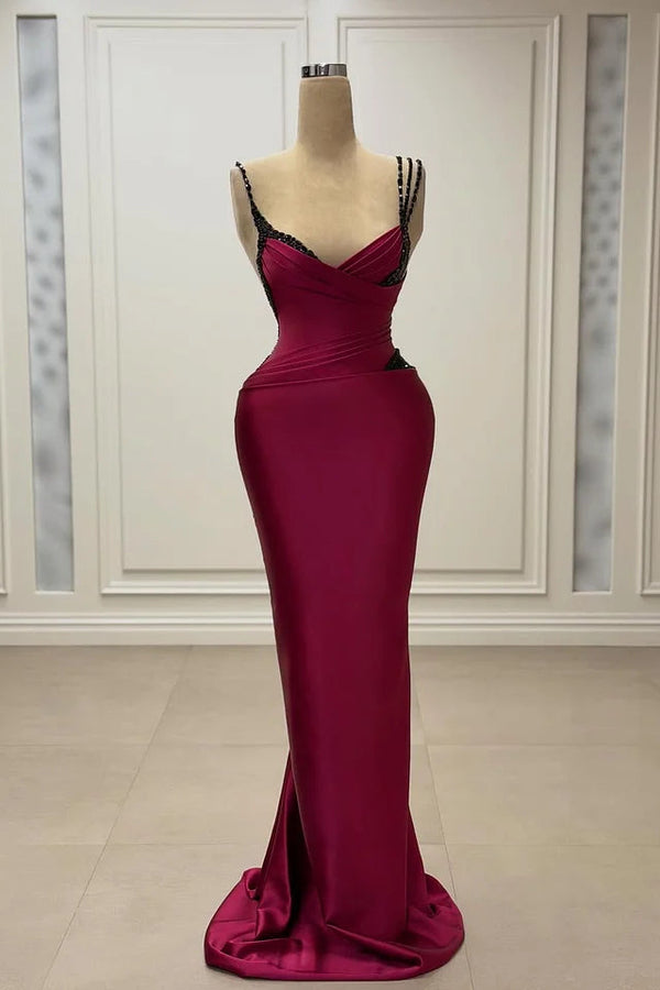 Shining Dark Red Spaghetti-Straps V-Neck Satin Prom Dress Sleeveless Mermaid With Beads
