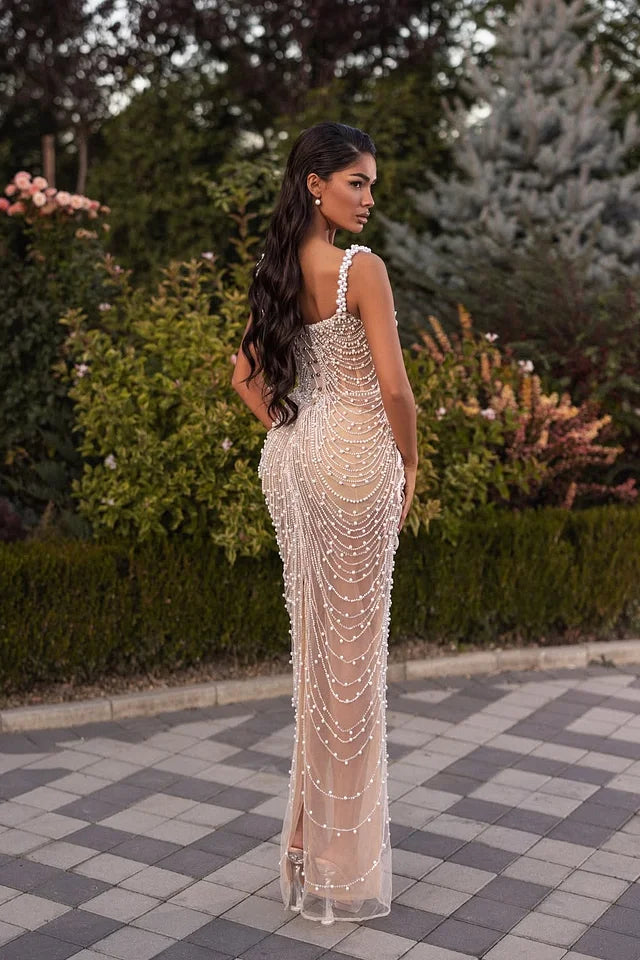 Dazzling Straps Sleeveless Mermaid Prom Dresses Column Pearls With Lace-Up Back