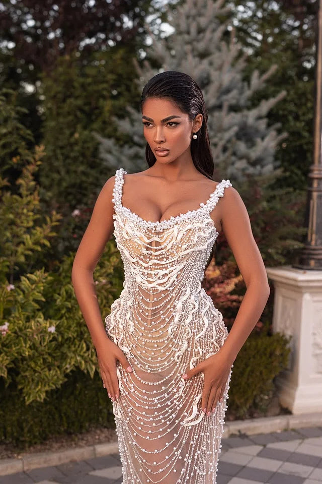 Dazzling Straps Sleeveless Mermaid Prom Dresses Column Pearls With Lace-Up Back