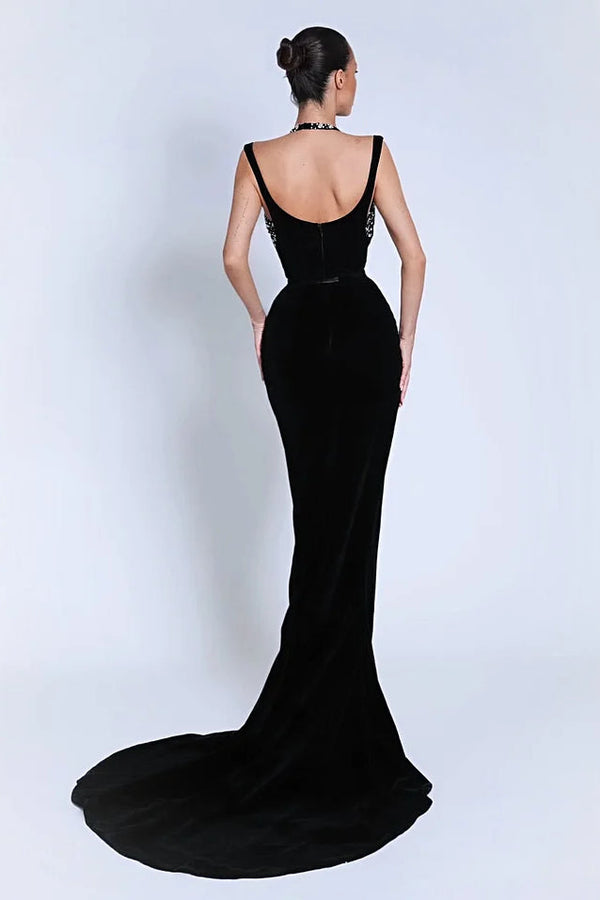 Luxury Black Halter Sleeveless V-Neck Mermaid Prom Dress High Split Gem With Zipper