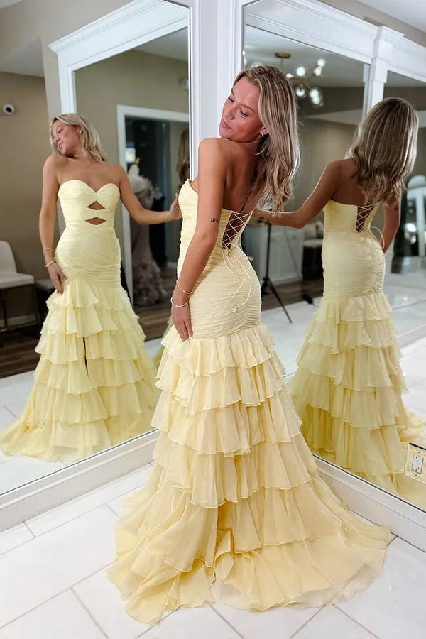 Pretty Daffodil Sweetheart Strapless Sleeveless Chiffon Prom Dress High Split With Lace-Up Back