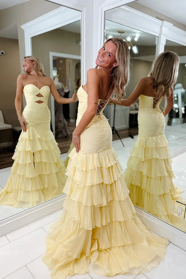 Pretty Daffodil Sweetheart Strapless Sleeveless Chiffon Prom Dress High Split With Lace-Up Back