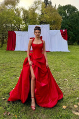 Charming Red Halter Sleeveless A-Line Satin Prom Dress High Split With Pleats Zipper