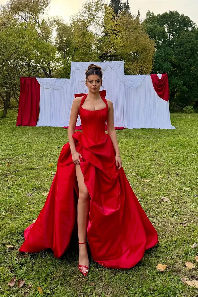 Charming Red Halter Sleeveless A-Line Satin Prom Dress High Split With Pleats Zipper