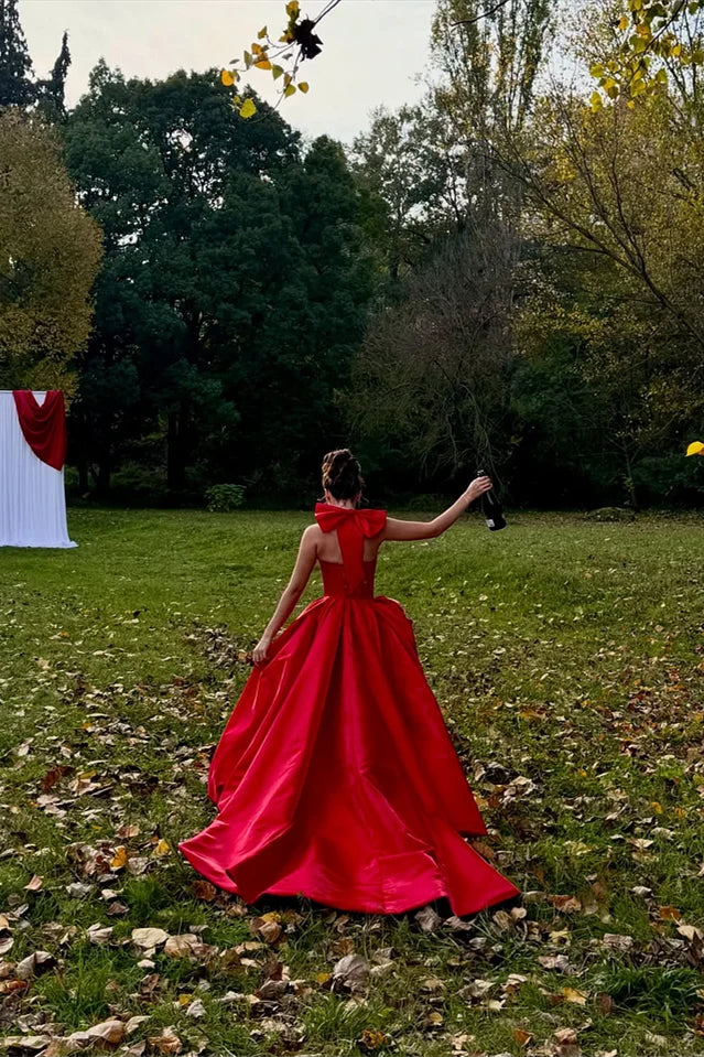 Charming Red Halter Sleeveless A-Line Satin Prom Dress High Split With Pleats Zipper