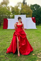 Charming Red Halter Sleeveless A-Line Satin Prom Dress High Split With Pleats Zipper