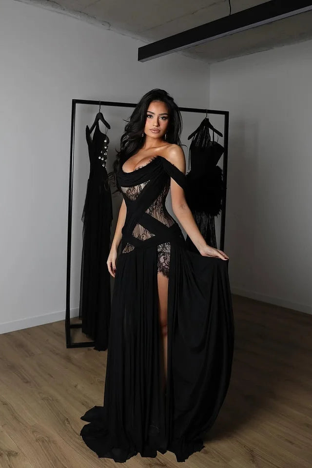 Charming Black Off-The-Shoulder Chiffon Lace Prom Dress A-Line High Split With Lace-Up Back