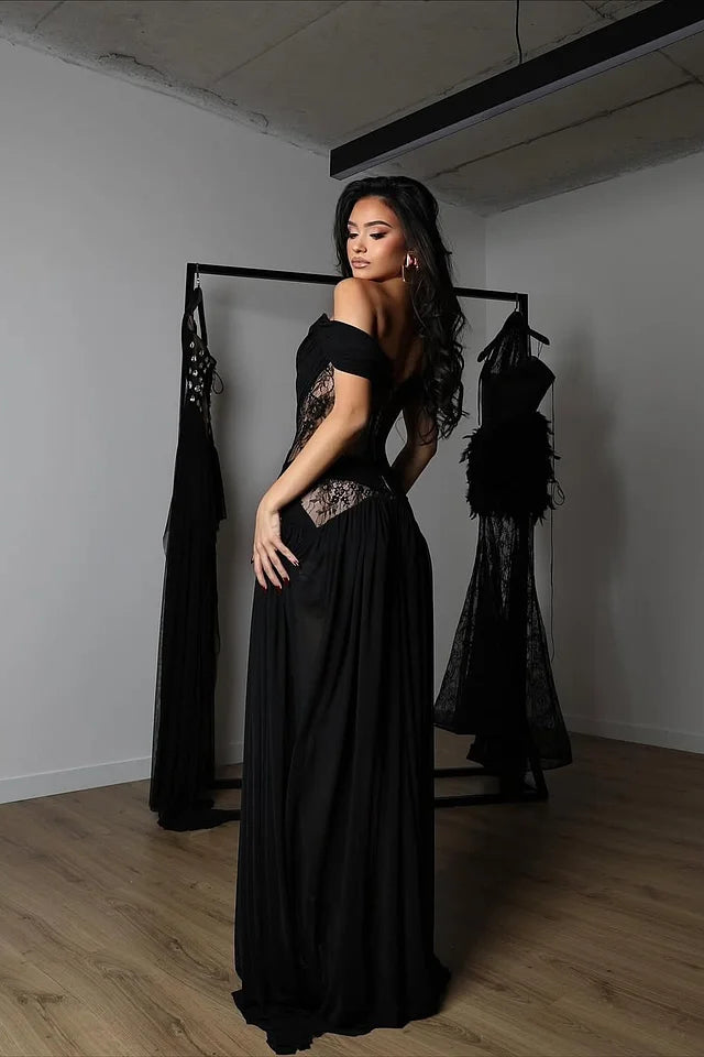Charming Black Off-The-Shoulder Chiffon Lace Prom Dress A-Line High Split With Lace-Up Back