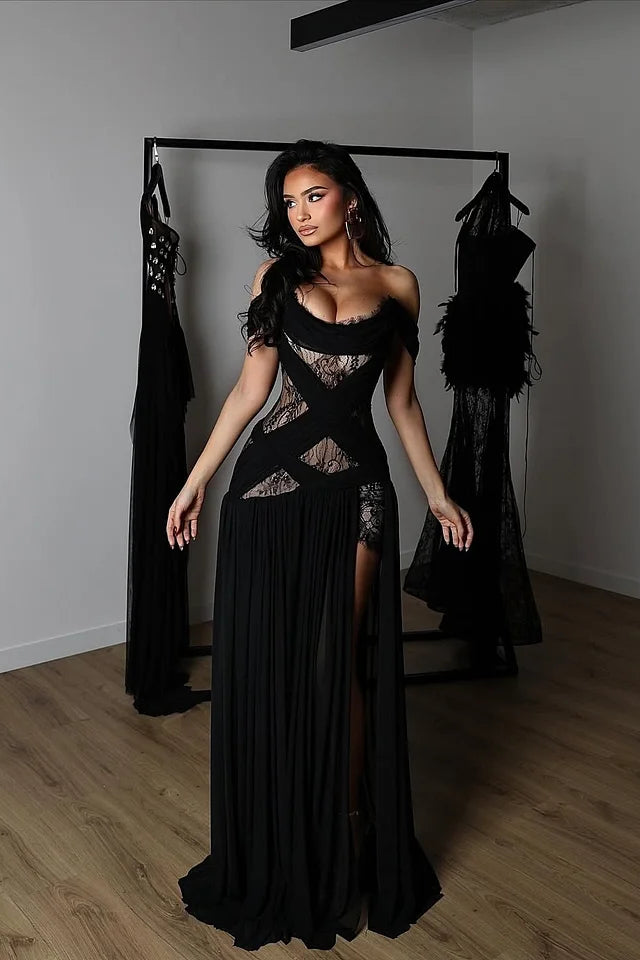 Charming Black Off-The-Shoulder Chiffon Lace Prom Dress A-Line High Split With Lace-Up Back