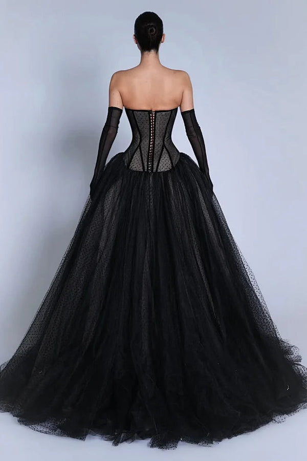 Luxury Black Sweetheart Strapless Tulle A-Line Prom Dress Lace-Up Back With Gloves Pleats