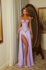 Dreamy Lilac Strapless Sleeveless V-Neck Prom Dress Two Pieces With High Split