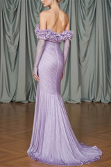 Classy Lilac Off-The-Shoulder Long Sleeves Mermaid Prom Dress Side Split With Beads Zipper