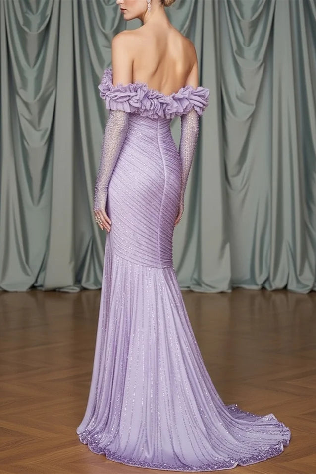 Classy Lilac Off-The-Shoulder Long Sleeves Mermaid Prom Dress Side Split With Beads Zipper