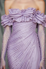 Classy Lilac Off-The-Shoulder Long Sleeves Mermaid Prom Dress Side Split With Beads Zipper