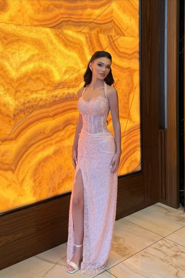 Glamorous Pink Sweetheart Halter Sleeveless Lace Prom Dress Mermaid Sheath With High Split