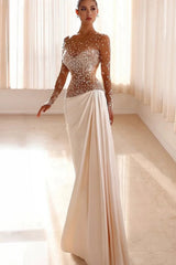 Dazzling Bateau Long Sleeves Satin Prom Dresses Beads Long With Ruffle Pleats