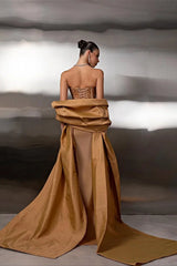 Romantic Gold Sweetheart Strapless Sleeveless Satin Prom Dress Mermaid Beads