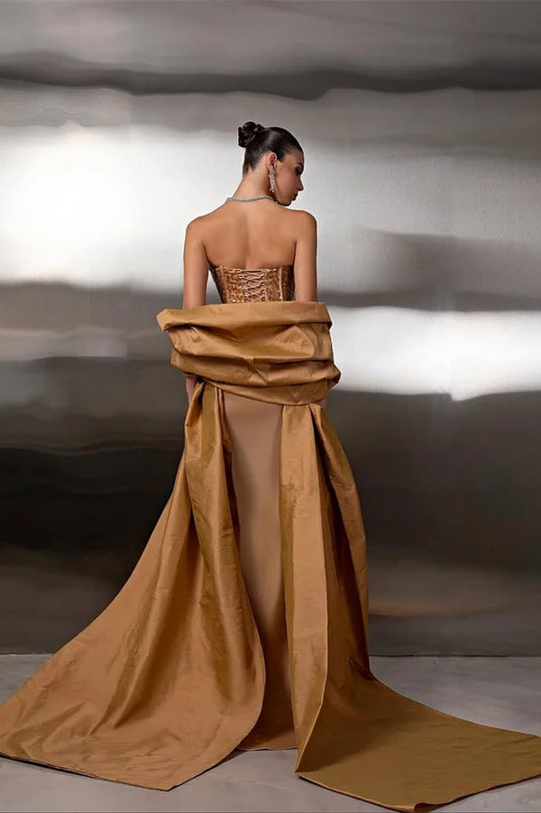 Romantic Gold Sweetheart Strapless Sleeveless Satin Prom Dress Mermaid Beads